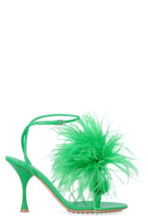 Elegant Green Leather Sandals with Ostrich Feather Detail and Adjustable Ankle Strap for Women