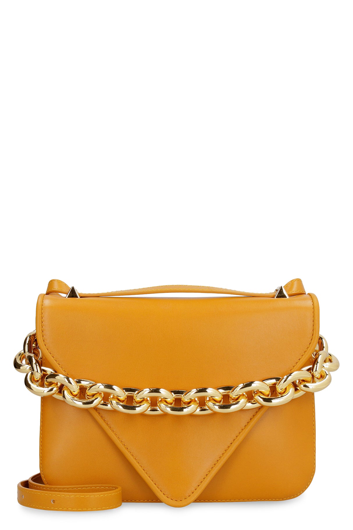 BOTTEGA VENETA Mustard Leather Envelope Handbag - Chain Handle, Adjustable Strap, Gold-Tone Hardware