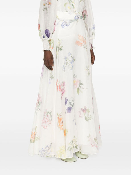 تنورة ماكسي من الكتان والحرير بنقشة الزهور للنساء - بيضاء