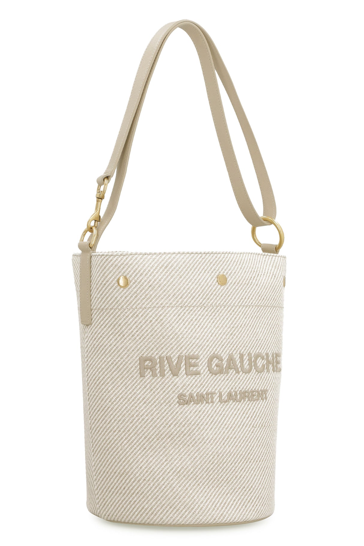 SAINT LAURENT Rive Gauche Bucket Handbag - Canvas and Leather, Snap Closure, Internal Zipper, Adjustable Shoulder Strap