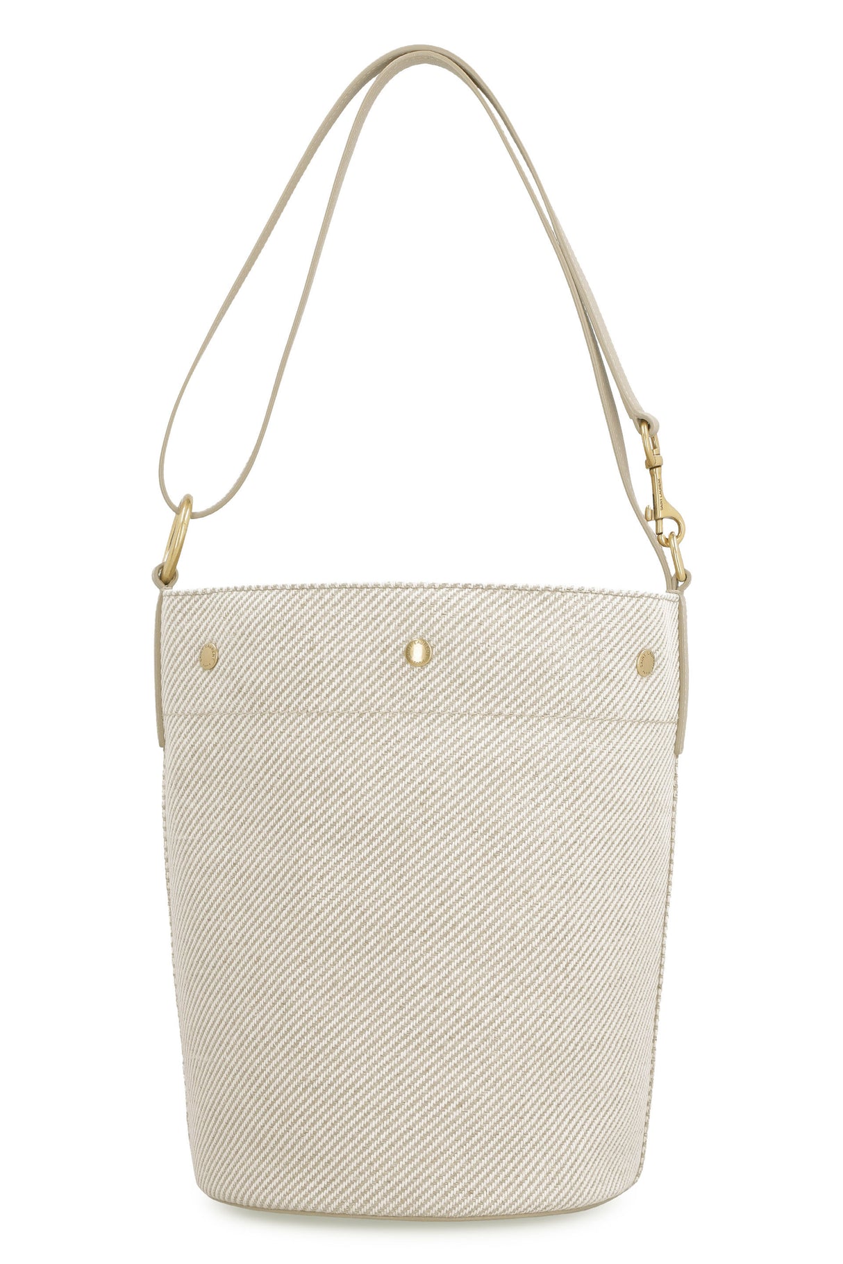 SAINT LAURENT Rive Gauche Bucket Handbag - Canvas and Leather, Snap Closure, Internal Zipper, Adjustable Shoulder Strap