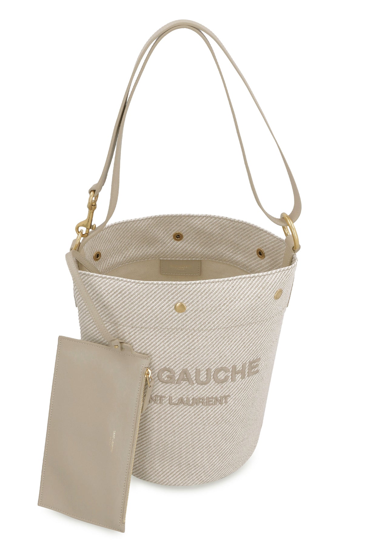 SAINT LAURENT Rive Gauche Bucket Handbag - Canvas and Leather, Snap Closure, Internal Zipper, Adjustable Shoulder Strap