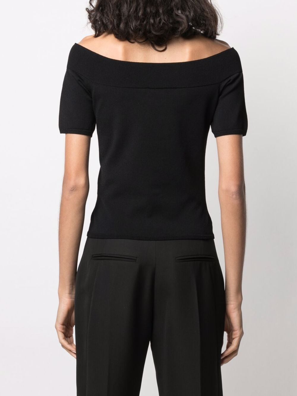 オフショルダーの女性用ブラックTシャツ-SS24コレクション