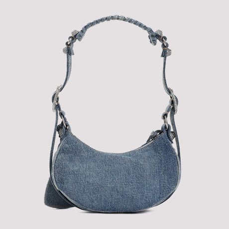 BALENCIAGA Blue Denim Le Cagole XS Handbag with Crystal Studs and Removable Mirror