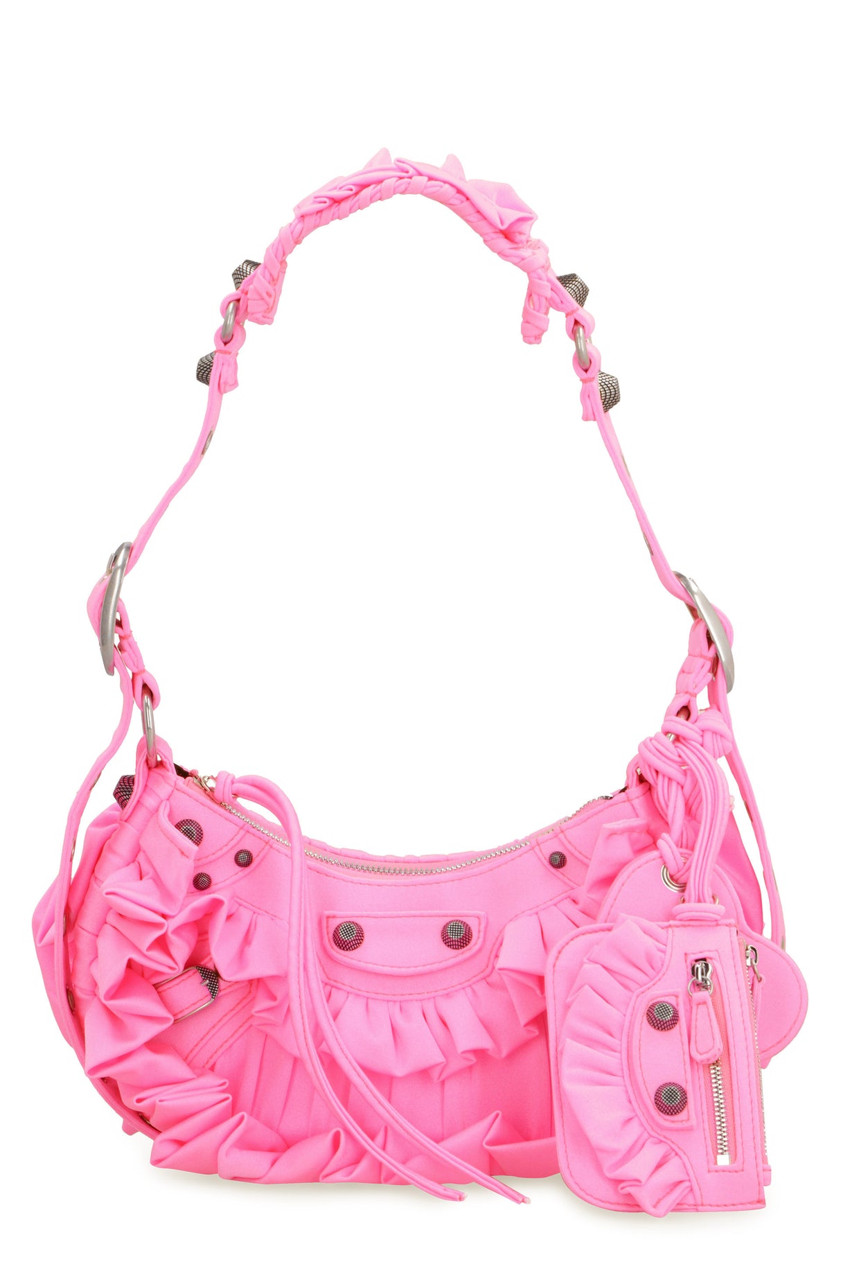 Fuchsia Ruffled Crossbody Handbag with Metal Studs and Buckles