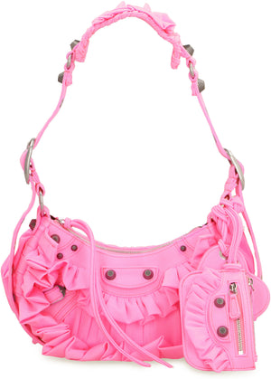 Fuchsia Ruffled Crossbody Handbag with Metal Studs and Buckles