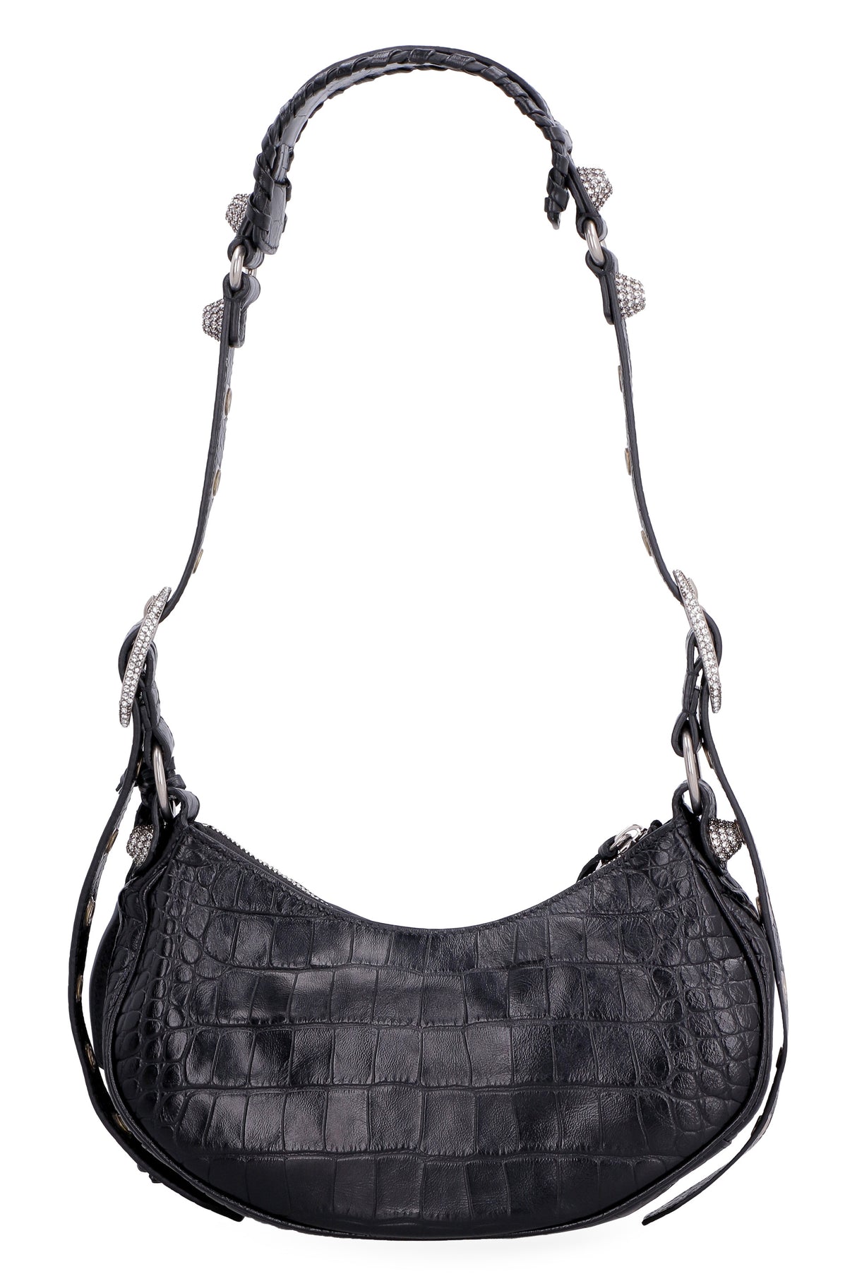 BALENCIAGA Croco-Print Leather Shoulder Handbag with Decorative Studs and Rhinestones