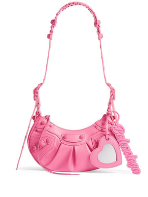 Fuchsia Calf Leather Shoulder Handbag with Studded Detail and Adjustable Strap