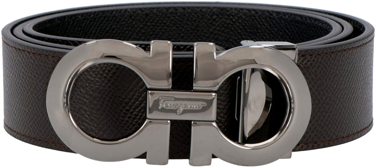 Ferragamo Reversible Leather Belt with Dark-Tone Metal Buckle - 9x4.5 cm