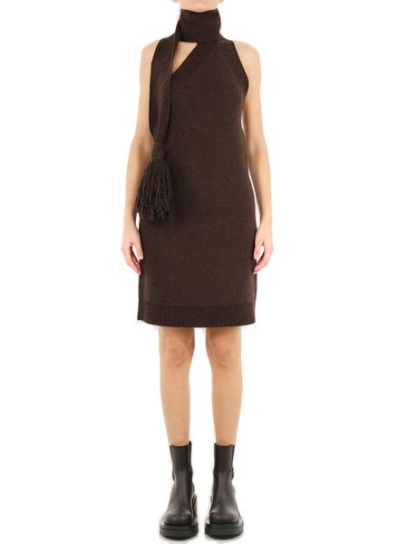 BOTTEGA VENETA Brown One Shoulder Dress in Shetland Wool with Button and Tassel Detail