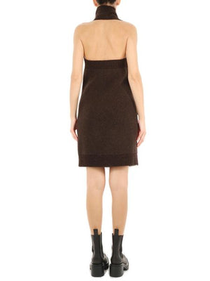 BOTTEGA VENETA Brown One Shoulder Dress in Shetland Wool with Button and Tassel Detail