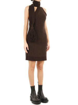 BOTTEGA VENETA Brown One Shoulder Dress in Shetland Wool with Button and Tassel Detail