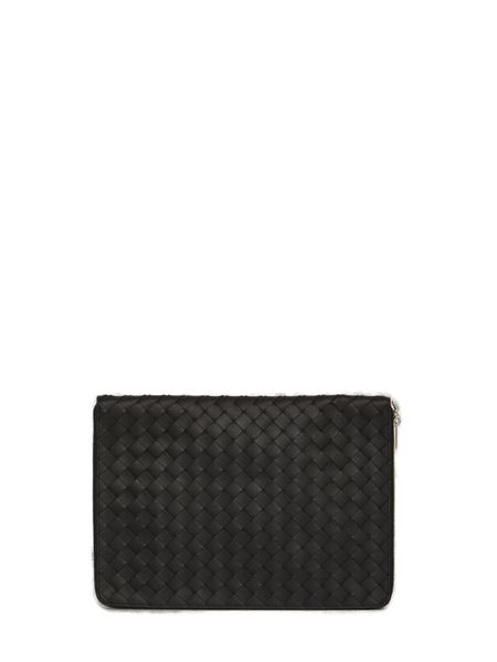 BOTTEGA VENETA Men's Black Leather Pouch Handbag with Intrecciato Pattern and Silver-Tone Hardware