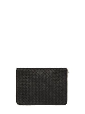 BOTTEGA VENETA Men's Black Leather Pouch Handbag with Intrecciato Pattern and Silver-Tone Hardware