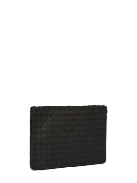 Men's Black Leather Pouch Handbag with Intrecciato Pattern and Silver-Tone Hardware