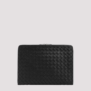 BOTTEGA VENETA Men's Black Leather Pouch Handbag with Intrecciato Pattern and Silver-Tone Hardware