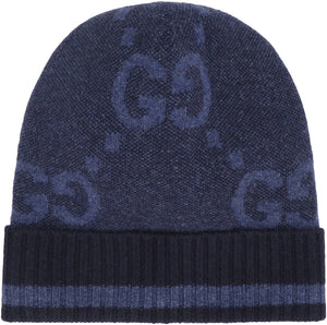 GUCCI Navy Men's Knit Beanie with GG Jacquard Motif for SS24