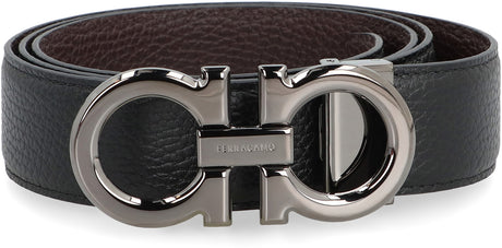 Ferragamo Reversible Leather Belt with Dark-Tone Metal Buckle - 3.5cm Width