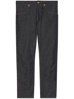 Blue Straight-Leg Jeans with Horsebit Detail - Men's Denim Pants