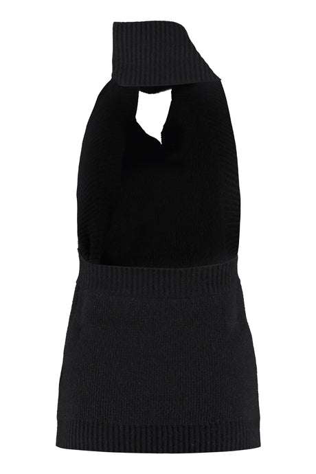BOTTEGA VENETA FASHION FORWARD: Black One-Shoulder Knit Top with Pussy-Bow Collar and Tassel Detail