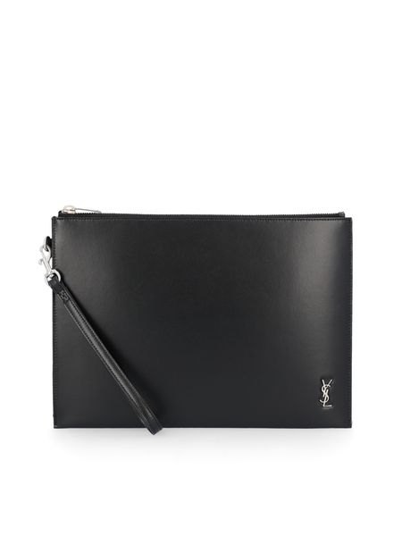 Men's Black Leather Monogram Zipped Clutch for FW23