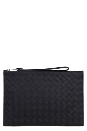 BOTTEGA VENETA Men's Black Leather Pouch Handbag - Intrecciato Design, Top Zip Closure, Wrist Strap