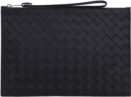 BOTTEGA VENETA Men's Black Leather Pouch Handbag - Intrecciato Design, Top Zip Closure, Wrist Strap