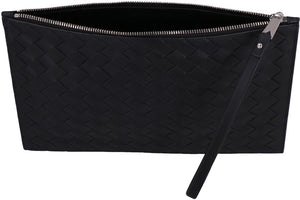 BOTTEGA VENETA Men's Black Leather Pouch Handbag - Intrecciato Design, Top Zip Closure, Wrist Strap