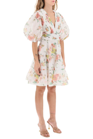ZIMMERMANN Floral-Printed Pleated Mini Dress with Balloon Sleeves and Tiered Skirt