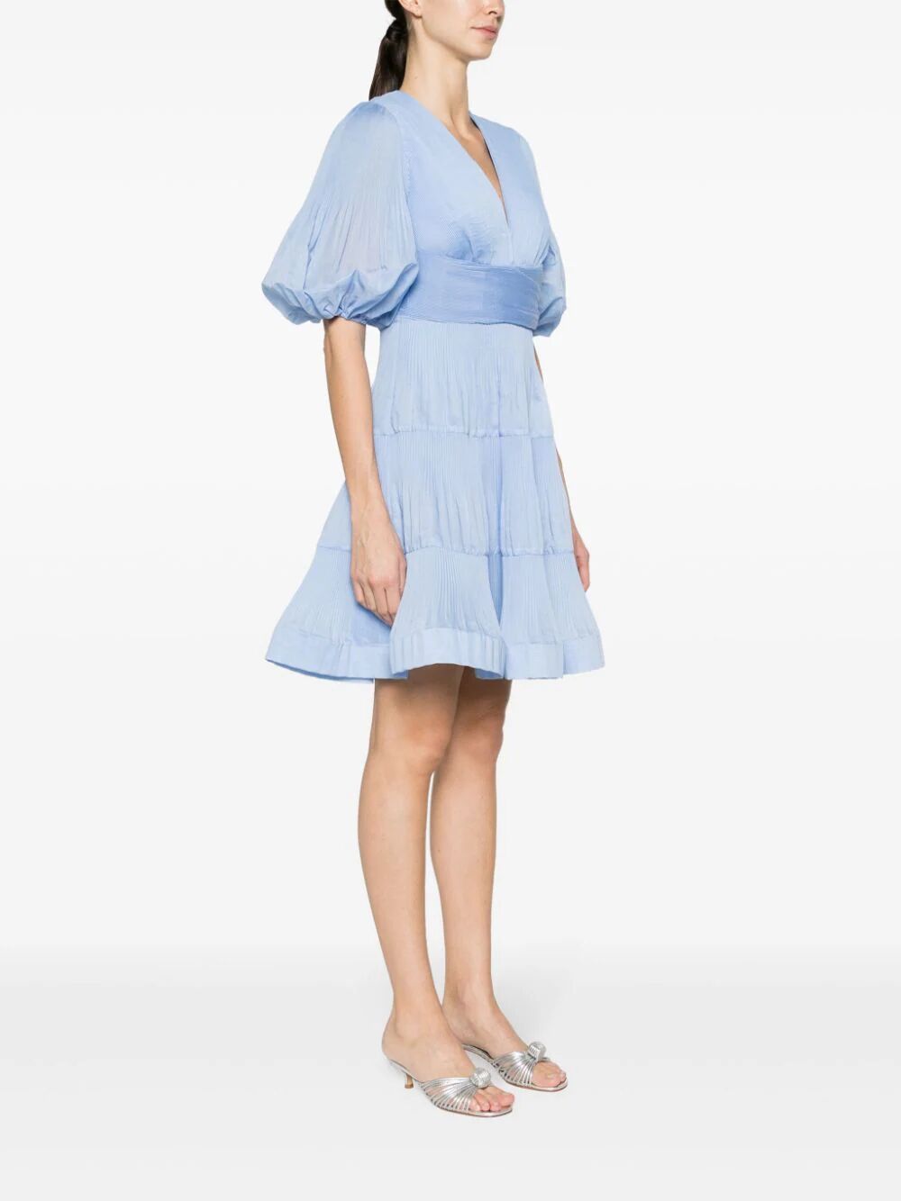 Blue Puff Sleeve Pleated Minidress for Women - SS24 كوليكشن