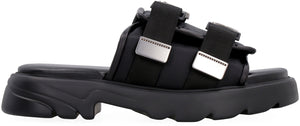 Black Technical Fabric Sandals with Leather Trim and Velcro Strap