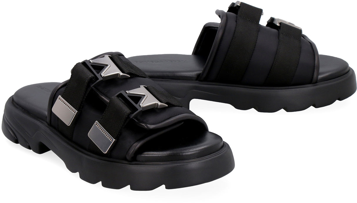 Black Technical Fabric Sandals with Leather Trim and Velcro Strap