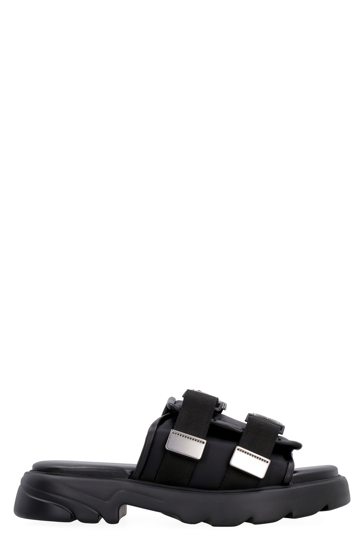 Black Technical Fabric Sandals with Leather Trim and Velcro Strap