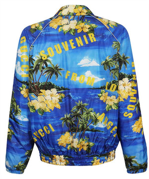 Blue and Yellow Nylon Jacket with All-Over LA Print for Men