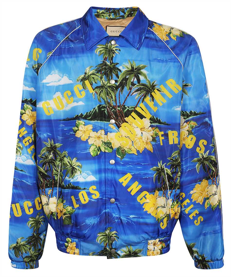 Blue and Yellow Nylon Jacket with All-Over LA Print for Men