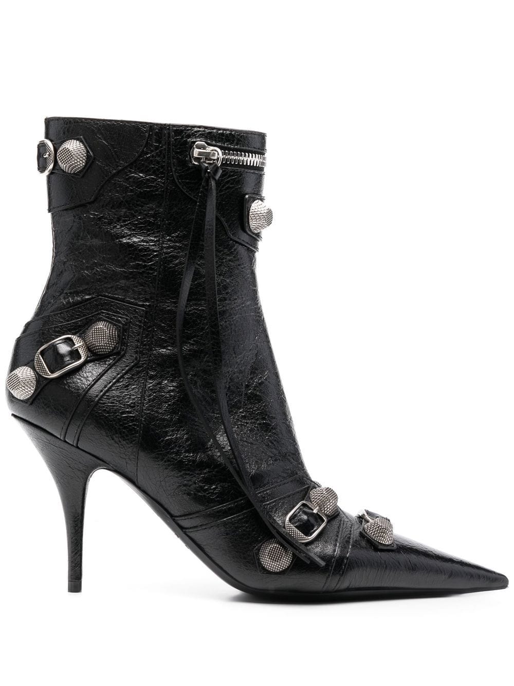 Women's Black Pointed Toe Leather Ankle Boots with Stud, Tassel, and Zip Detailing