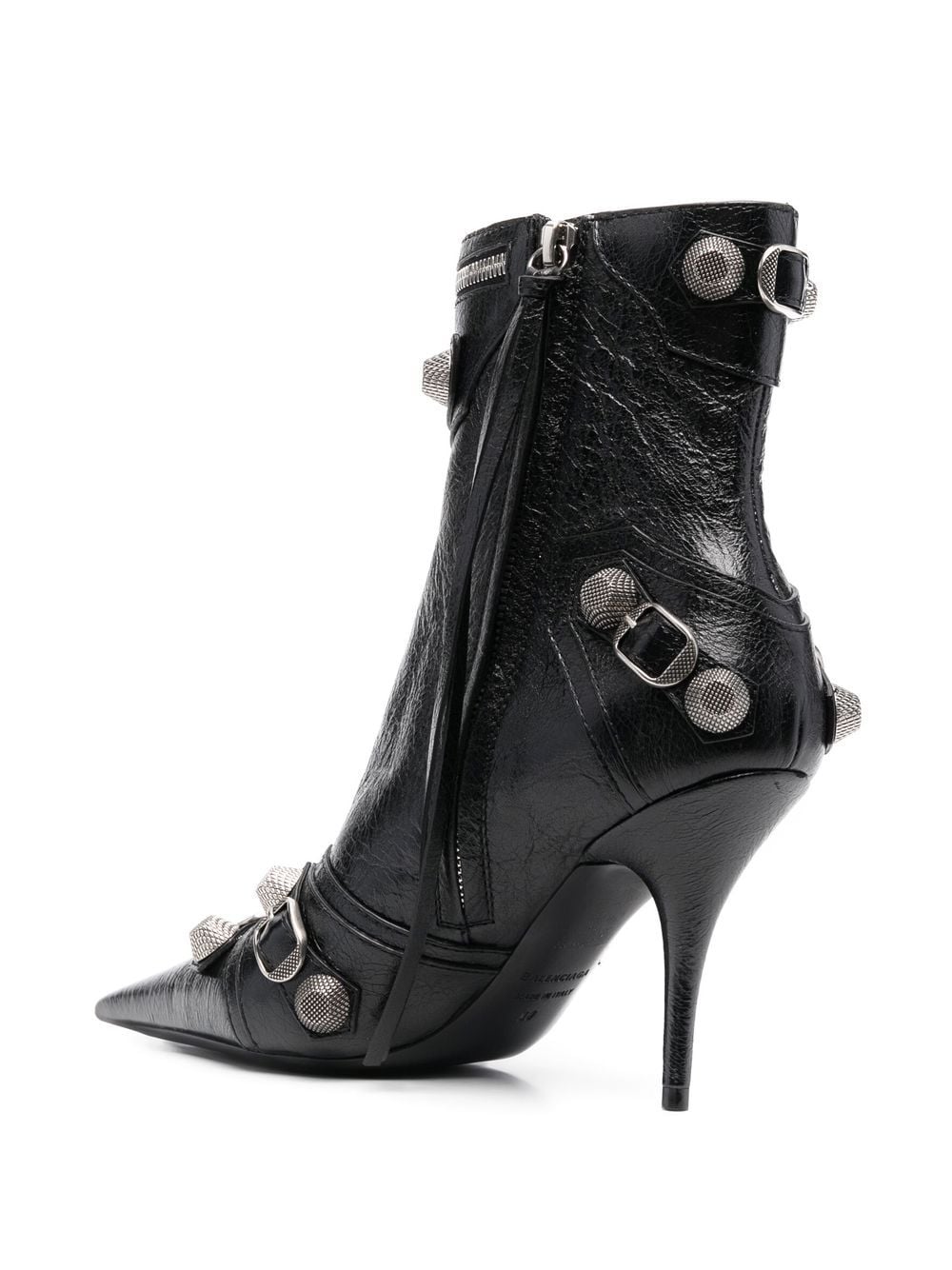 Women's Black Pointed Toe Leather Ankle Boots with Stud, Tassel, and Zip Detailing