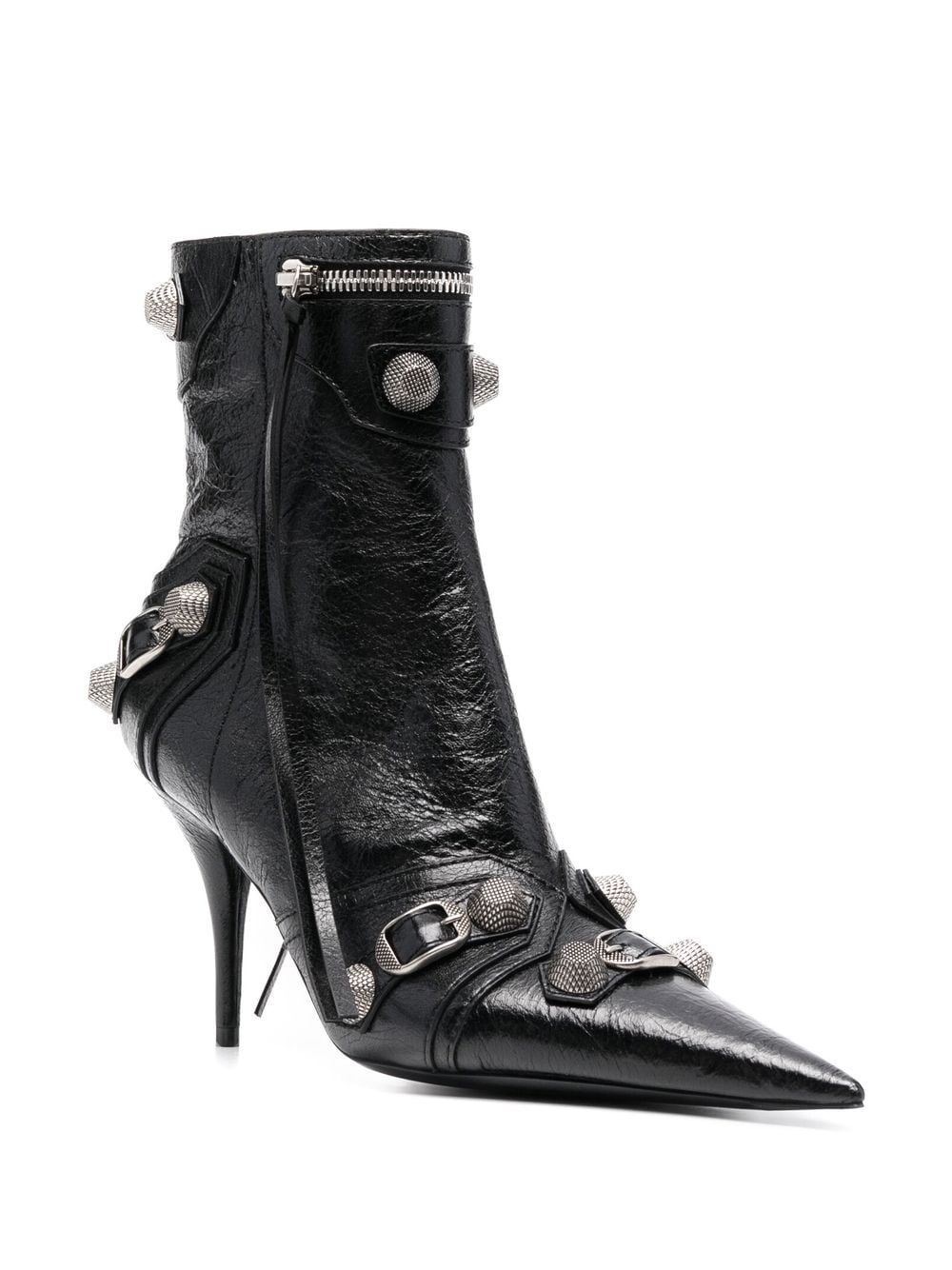 BALENCIAGA Women's Black Pointed Toe Ankle Boots with Stud, Tassel, and Zip Detailing