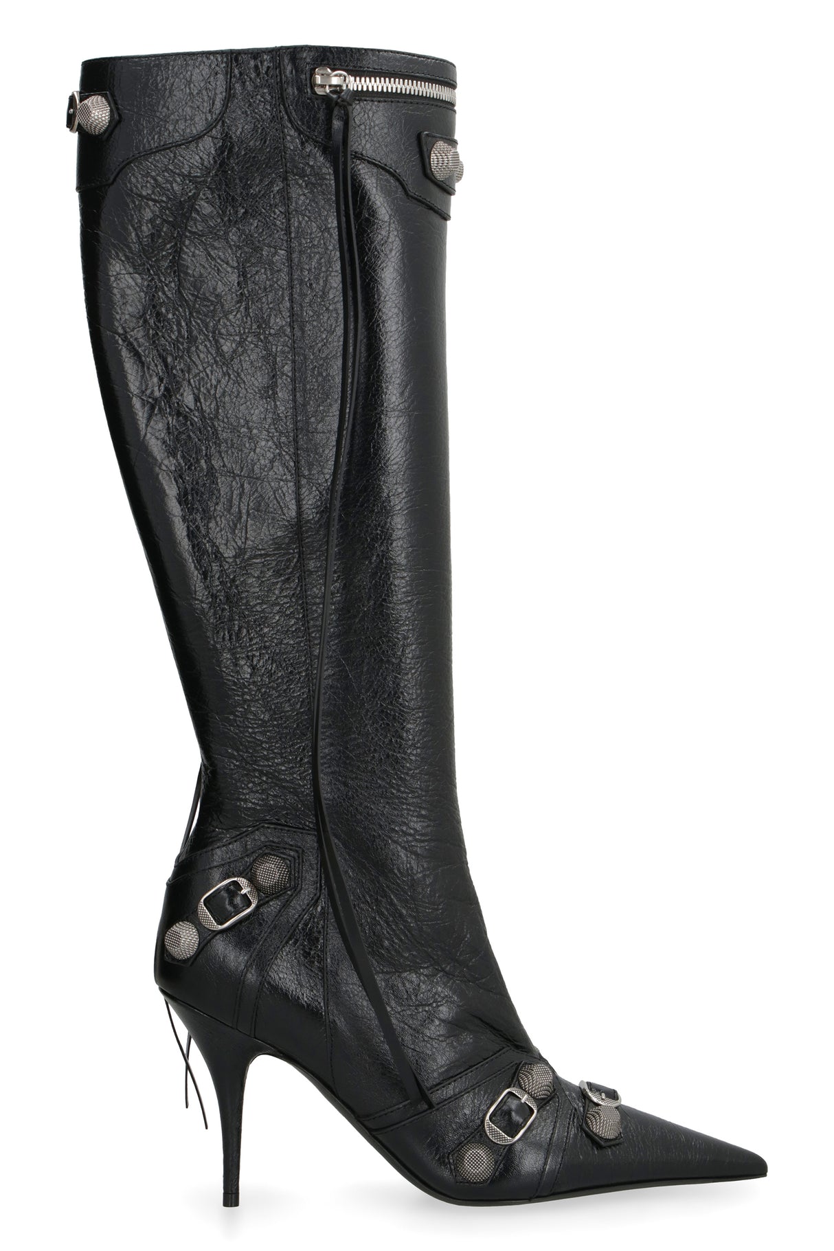 Pointy-Toe Leather Boots with Studs and Buckles for Women