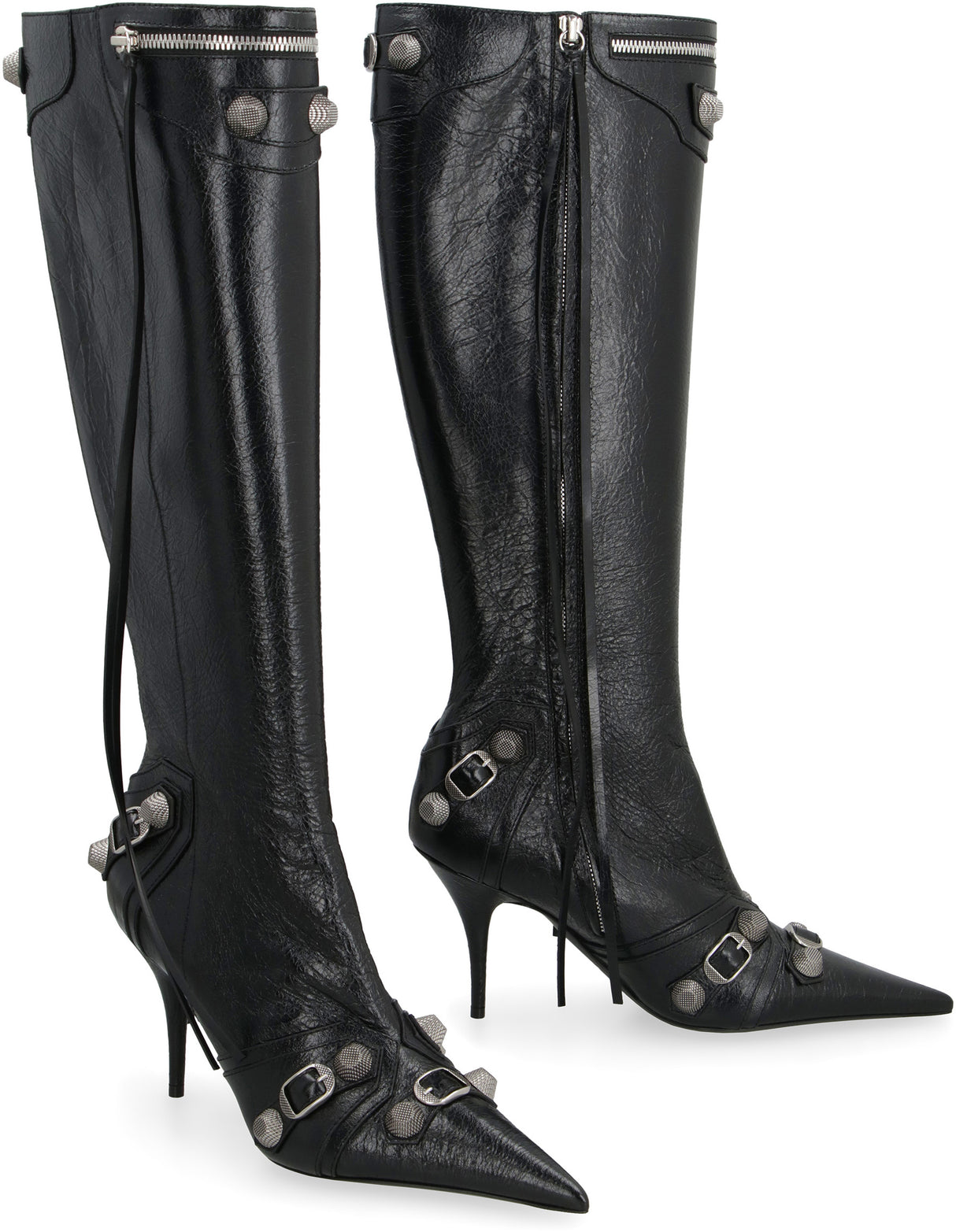 Pointy-Toe Leather Boots with Studs and Buckles for Women