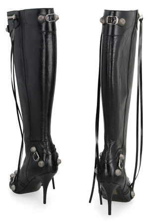 Pointy-Toe Leather Boots with Studs and Buckles for Women