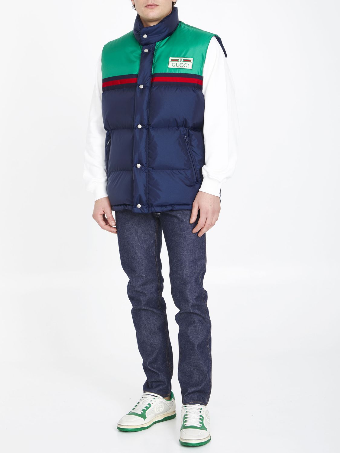 GUCCI Dark Blue and Green Nylon Padded Vest with Vintage Logo and Web Detail for Men