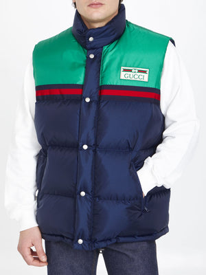 GUCCI Dark Blue and Green Nylon Padded Vest with Vintage Logo and Web Detail for Men