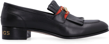GUCCI Classic Men's Black Leather Loafers with Tricolor Detail and Front Fringes