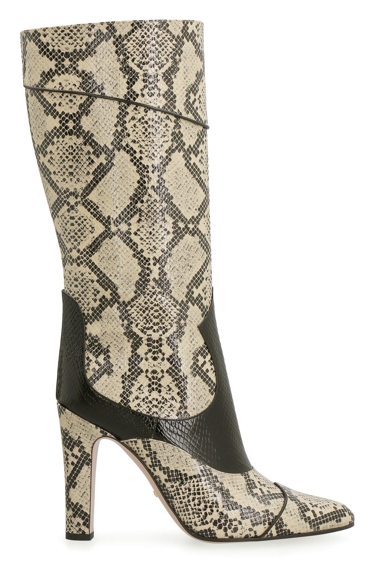 Beige Snakeskin Print Leather Boots for Women