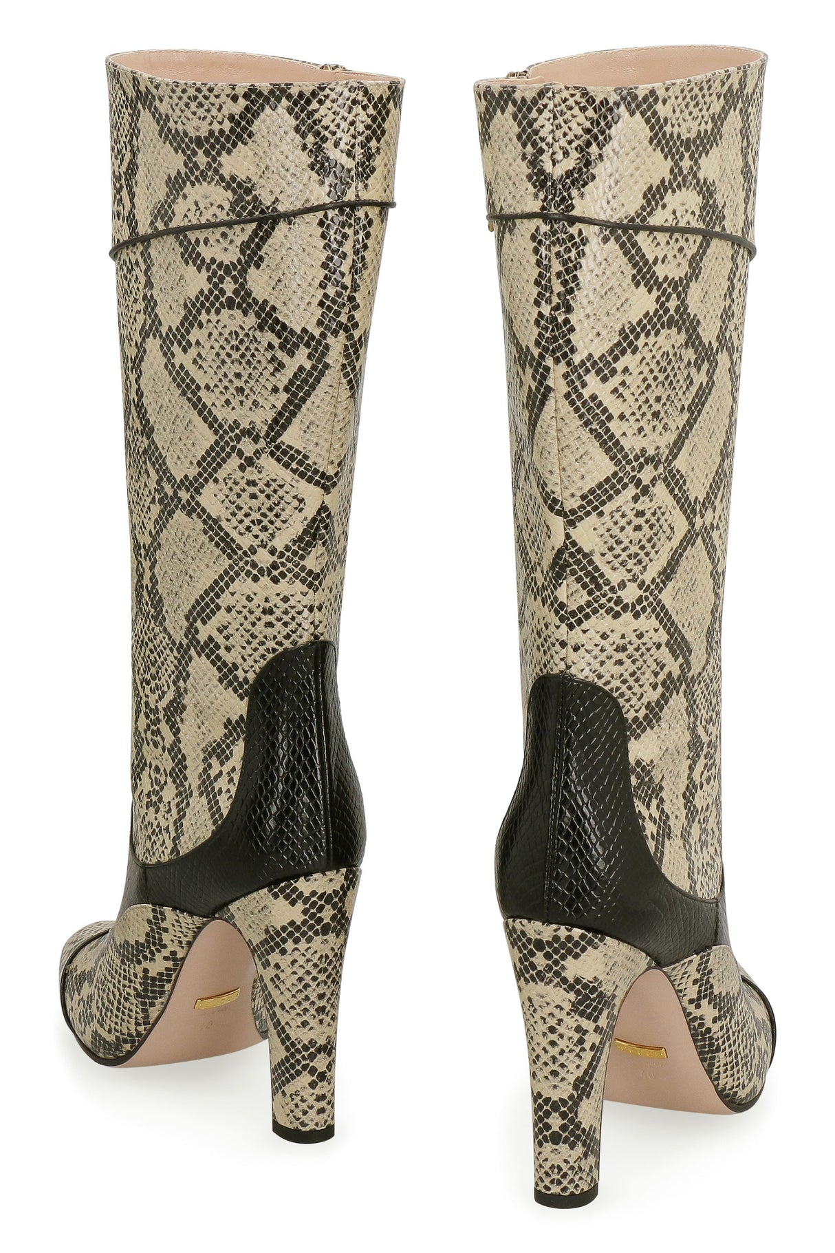 Beige Snakeskin Print Leather Boots for Women