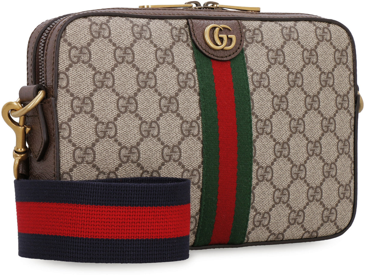 GUCCI Beige Coated Canvas Shoulder-Handbag with Leather Trim and Green-Red-Green Web Detail