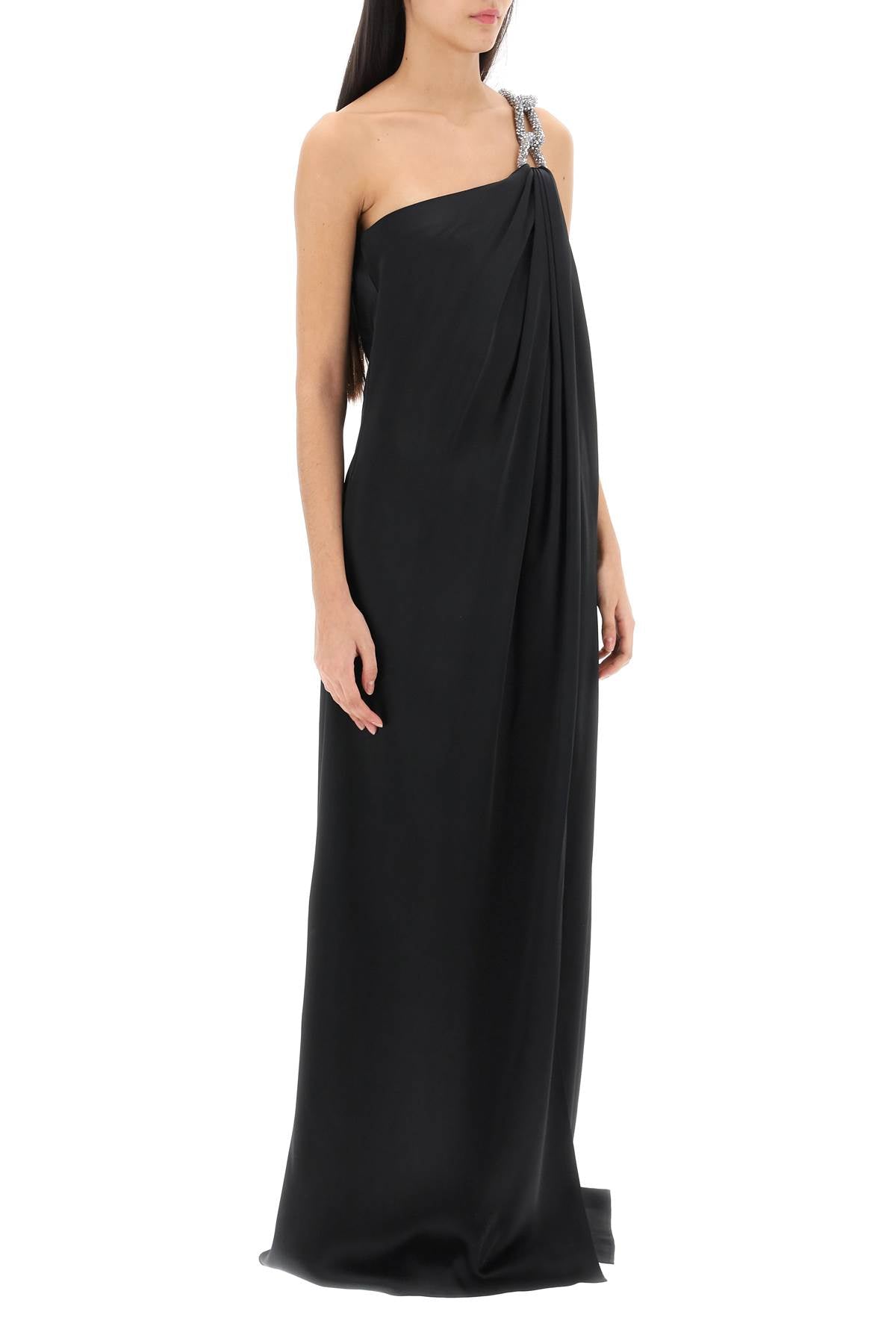 One-Shoulder Satin Dress with Falabella Chain