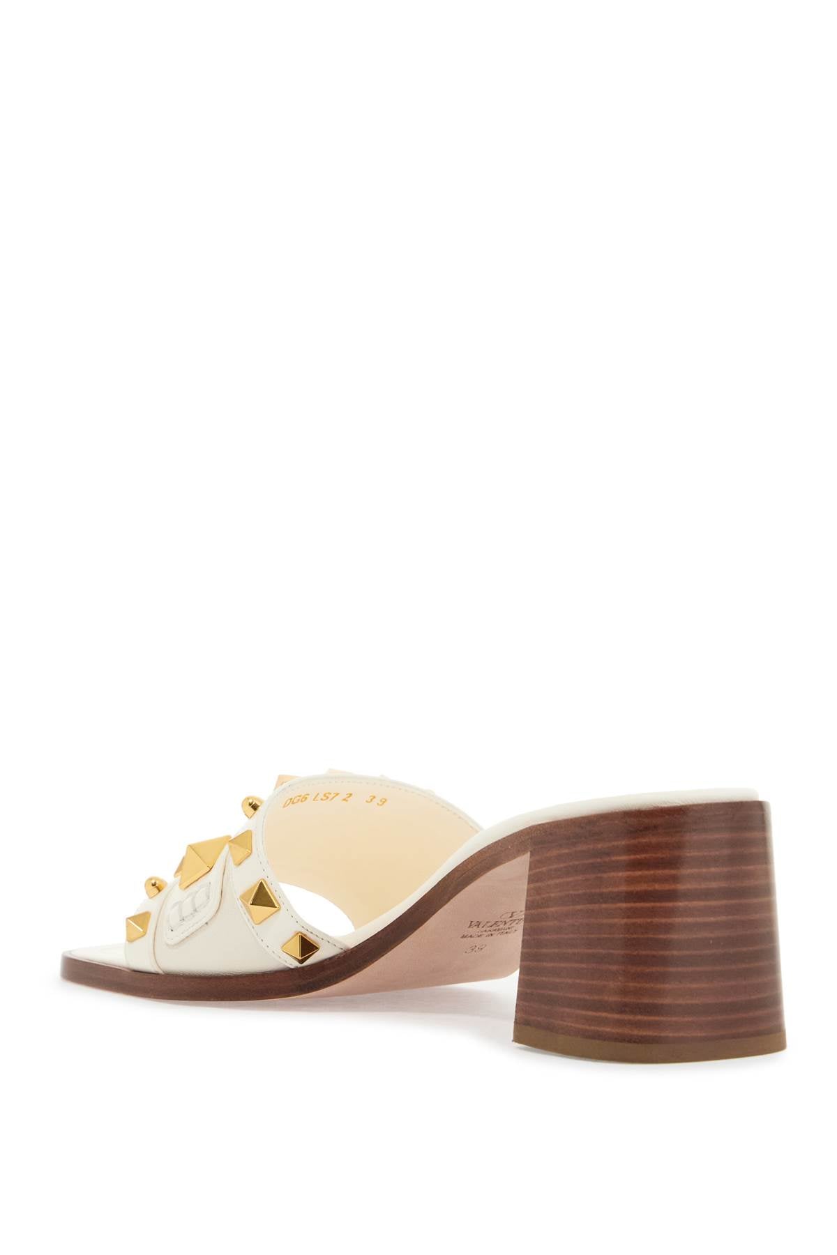 VALENTINO GARAVANI Ivory Leather Slide Sandals with Golden Studs and Low Heel