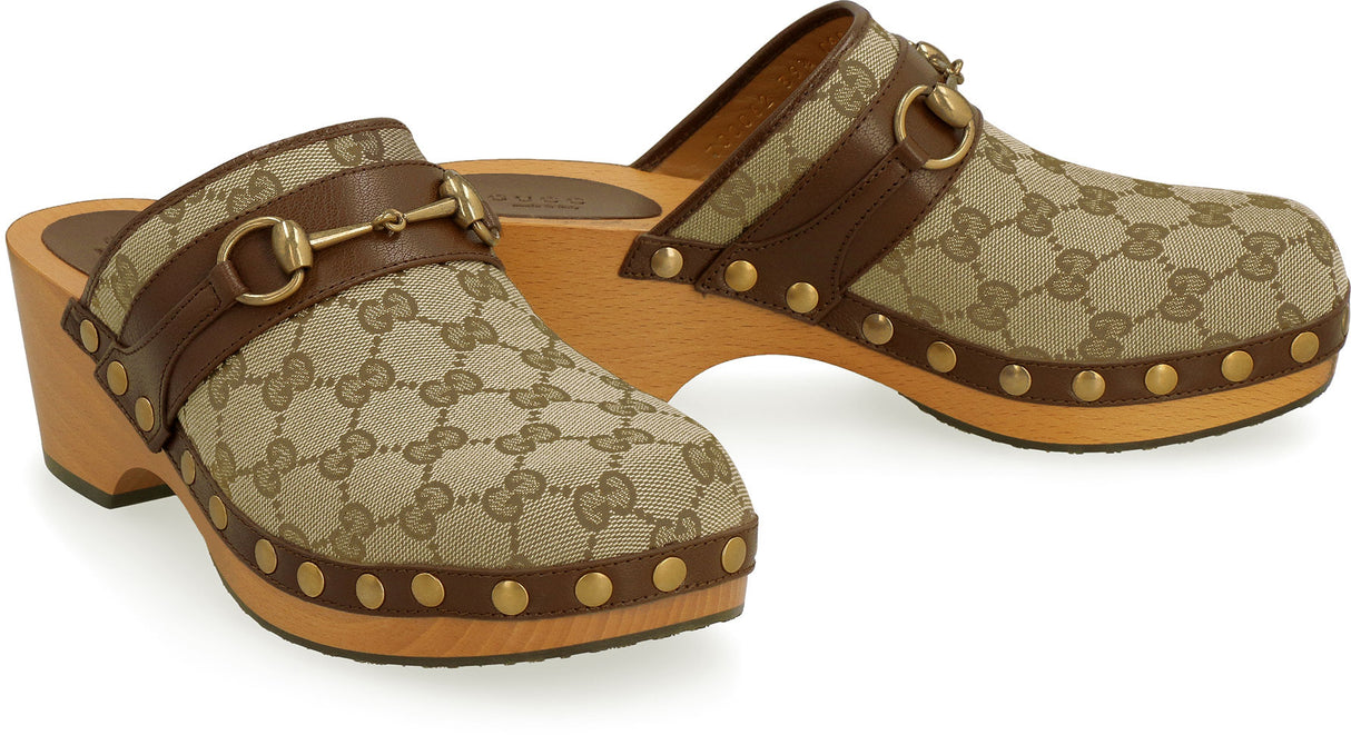 GUCCI Beige GG Fabric Sandals for Women with Leather Details and Gold-Tone Studs